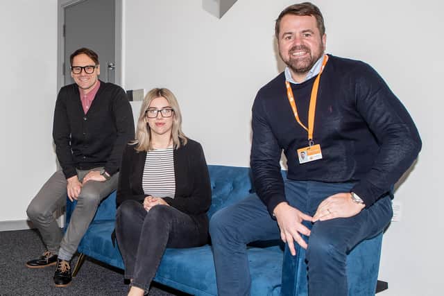 Anastasia Womack, of Equans, with Orangebox's director of development and innovation, Michael Glenn, and CEO Simon Corbett.