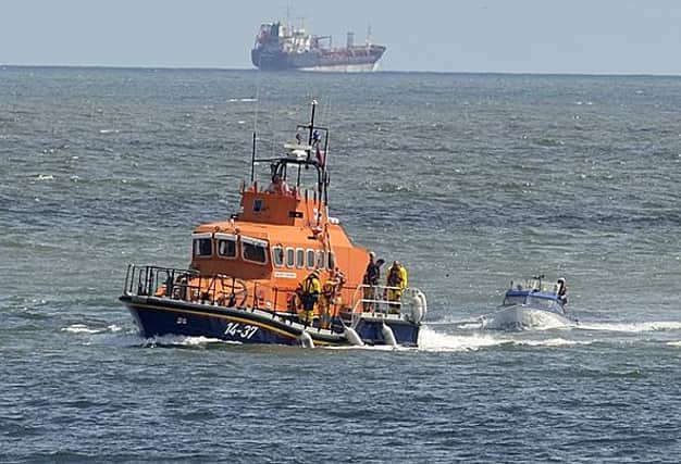 Hartlepool RNLI all-weather lifeboat Betty Huntbatch pictured towing the casualty vessel back to Hartlepool lifeboat station. Photo by RNLI/Tom Collins.