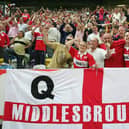 Middlesbrough fans soak up the atmosphere during the UEFA Cup match against Sporting Lisbon at The Jose Alvalade Stadium March 17, 2005. Boro were beaten 1-0 and were knocked out 4-2 on aggregate.