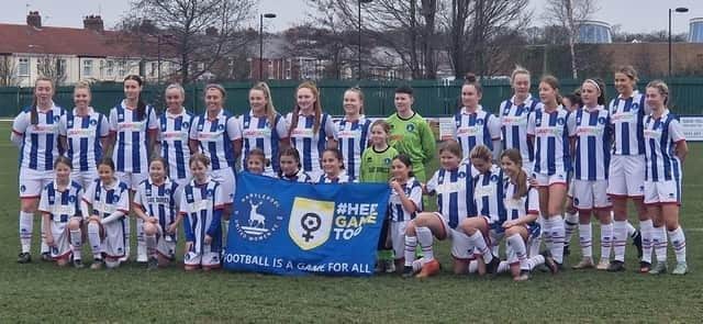 Hartlepool United Women with the Her Game Too banner. Picture credit Her Game Too