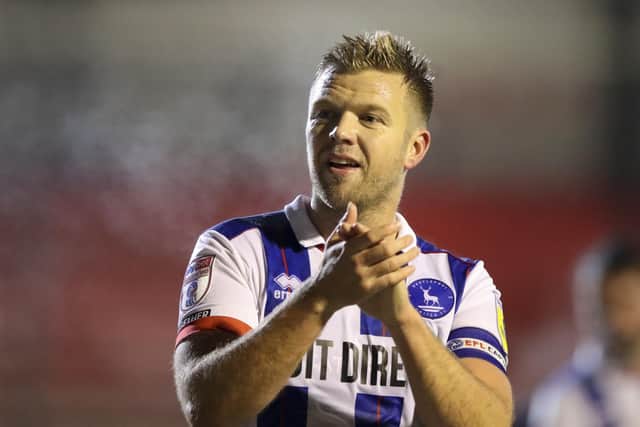 Nicky Featherstone of Hartlepool United celebrates victory during the League Two match against Crawley Town at the Broadfield Stadium. (Credit: Tom West | MI News)