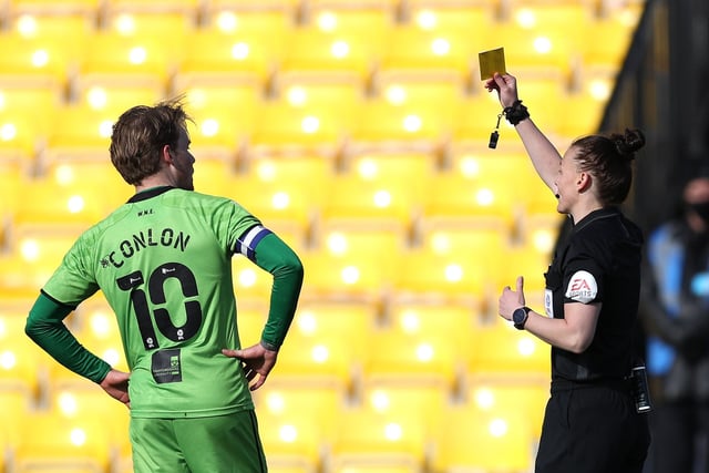 Rebecca Welch shows a yellow card to Tom Conlon. Port Vale had 73 bookings and four reds in the regular season.