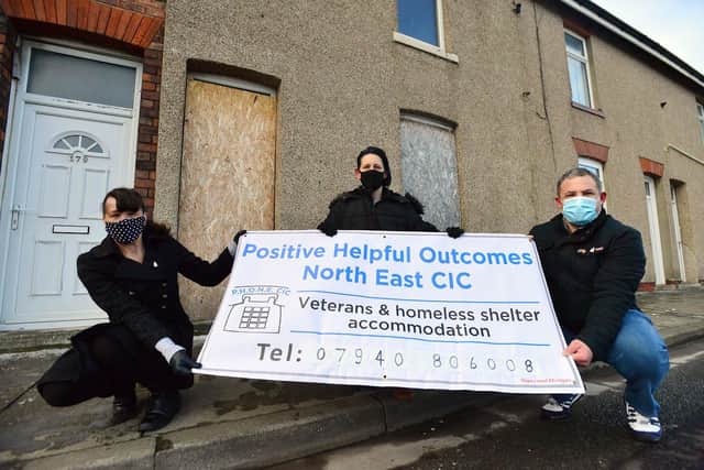Hartlepool Armed Forces and Veterans breakfast club members (left to right) Lisa Alexander, Jaime Horton and Rob Taylor outside of a house in West View Road that they are renovating with the organisation Positive Helpful Outcome. Picture by FRANK REID