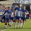 Parkes celebrates scoring his first goal for Pools in the win over play-off chasing Aldershot.