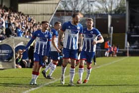 Parkes celebrates scoring his first goal for Pools in the win over play-off chasing Aldershot.