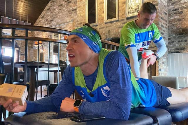 Kevin Sinfield enjoys a massage at The Stables pub, in Wynyard, during a break in Wednesday's run.  Picture by FRANK REID.
