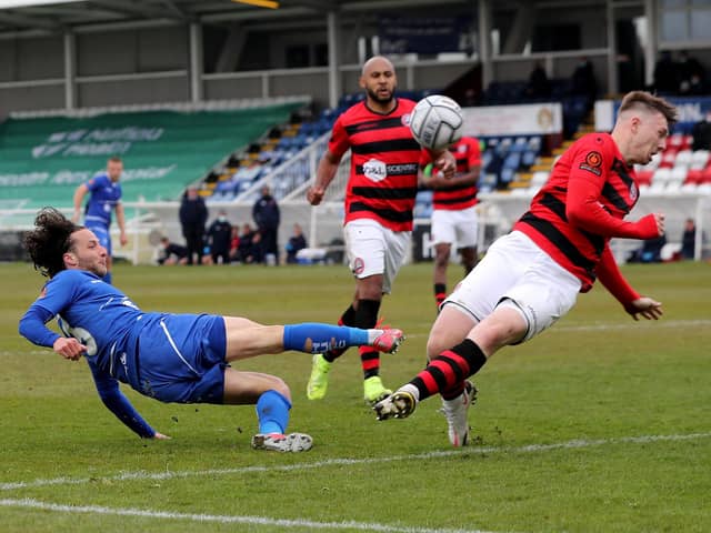 George Wells of Maidenhead United blocks a shot from Hartlepool United's Jamie Sterry  during the Vanarama National League match between Hartlepool United and Maidenhead United at Victoria Park, Hartlepool on Saturday 8th May 2021. (Credit: Mark Fletcher | MI News)