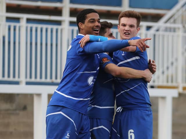Hartlepool United's Gavan Holohan celebrates with\ Mason Bloomfield and Mark Shelton after scoring their second goal    during the Vanarama National League match between Hartlepool United and Yeovil Town at Victoria Park, Hartlepool on Saturday 20th February 2021. (Credit: Mark Fletcher | MI News)