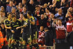 Middlesbrough players celebrate Adam Reach's goal against Liverpool in the 2014/15 League Cup.
