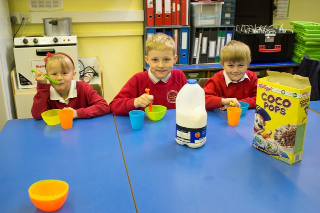 Back to 2014 at St Godric's Primary School in Wheatley Hill where the school's breakfast club was given a £400 donation by Kelloggs. Pictured, from left, are Hope Turnbull, Lewis Fleming and Harry Ainscough.