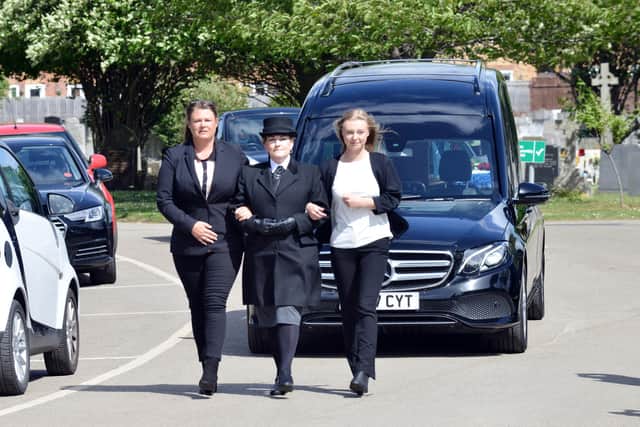 Family members are supported as they lead John William Reeve’s cortage as it makes its way to Stranton Crematorium. Picture by FRANK REID