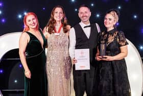 Hartlepool Stage Society accepts their Commendation Award. Pictured: Elizabeth Marshall, Peter Rowlands, and Katie Devine from Hartlepool Stage Society with NODA North District 4 Representative Helen Abraham. Photo: One Imagery