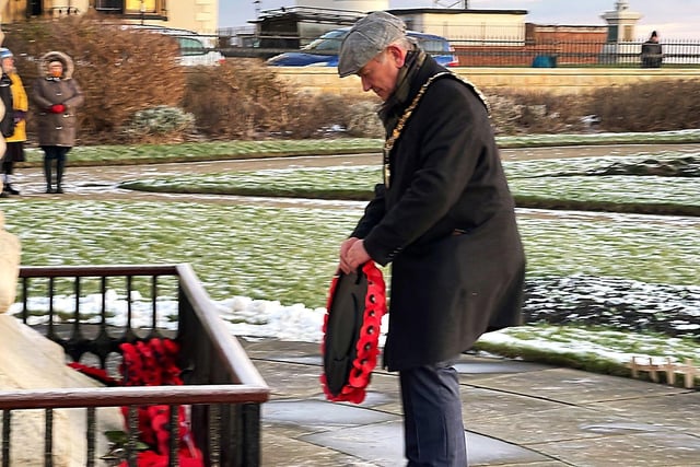 Councillor Brian Cowie, the Ceremonial Mayor of Hartlepool, lays his wreath.