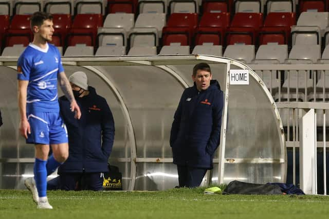 Hartlepool manager, Dave Challinor  during the Vanarama National League match between Hartlepool United and Barnet at Victoria Park, Hartlepool on Saturday 27th February 2021. (Credit: Mark Fletcher | MI News)