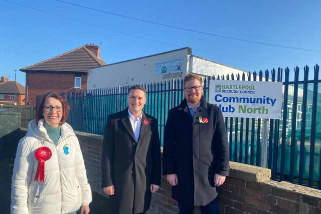 (L to R) Hartlepool Councillor Brenda Harrison alongside Shadow Health Secretary Wes Streeting and Councillor Jonathan Brash on their local election campaign tour around Hartlepool