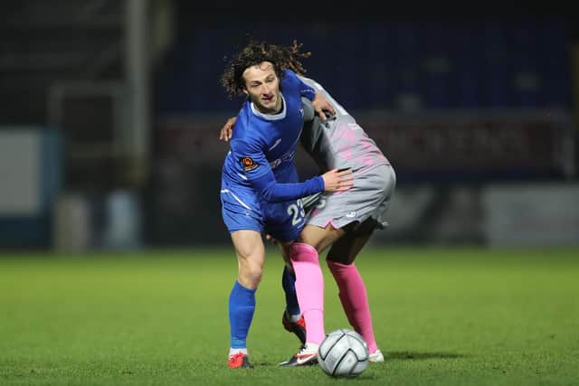 Jacob Mendy of Wealdstone in action with Hartlepool United's Jamie Sterry in the Vanarama National League match between Hartlepool United and Wealdstone at Victoria Park, Hartlepool on Saturday 9th January 2021. (Credit: Mark Fletcher | MI News)