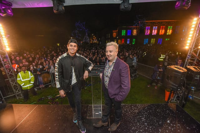 Joey Essex and the leader of Hartlepool Borough Council, Christopher Akers-Belcher at the 2015 Hartlepool Christmas lights switch on.