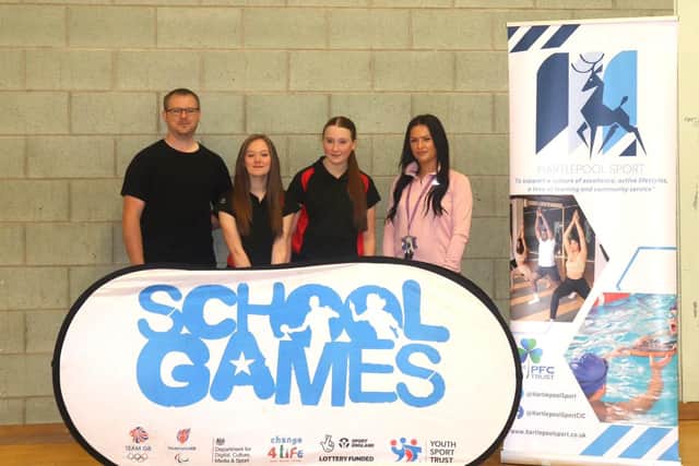 Hartlepool Schools’ Games Organiser Kate Robinson with Hartlepool Sport’s Carl Jorgeson and English Martyrs trampolinists Ruth Dunn and Scarlett Anderson. Picture: Michael Turner.