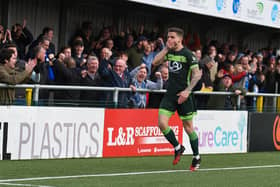 Gavan Holohan of Hartlepool United celebrates scoring their first goal during the Vanarama National League match between Sutton United and Hartlepool United at the Knights Community Stadium, Gander Green Lane,, Sutton on Saturday 14th March 2020. (Credit: Paul Paxford | MI News)
