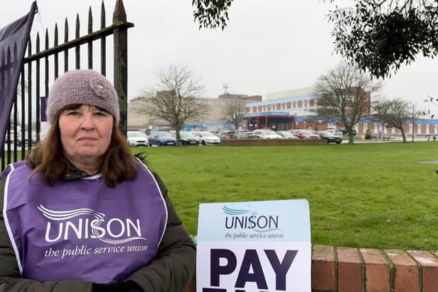 Yvonne Tait, a senior healthcare assistant at the University Hospital of Hartlepool, has worked at the hospital for 31 years and has joined her colleagues in strike action in dispute over pay. Healthcare assistants across the Trust believe they have been doing the work of a higher pay band and are fighting for a change in their pay to reflect this.