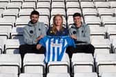 Hartlepool footballers Jack Hunter and Jamie Miley with University Hospitals Tees’ education and training partner Teresa Pounder.