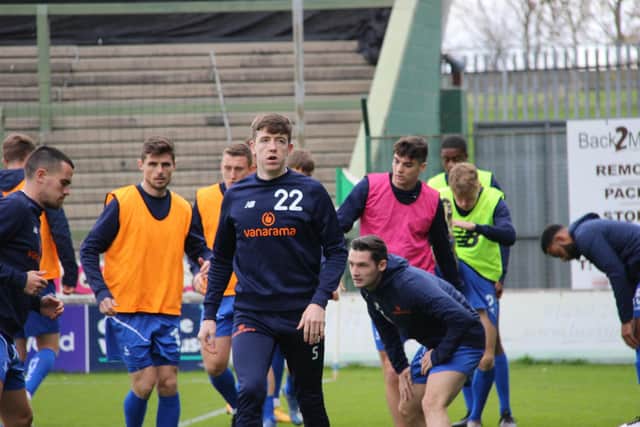 Hartlepool United players warming up ahead of the 3-1 victory at Yeovil Town (photo: Alex Chandy/HUFC).