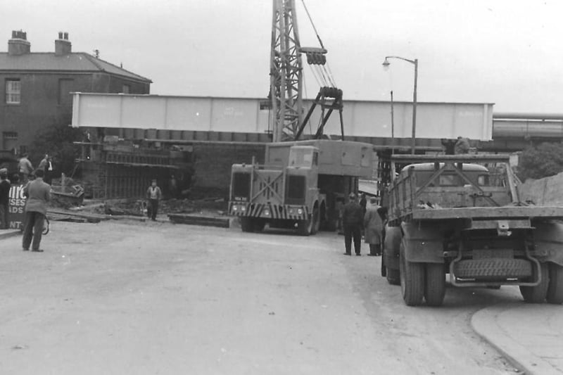Seaton Lane in September 1960. The picture was taken as a girder was being placed in position for the railway bridge as the road is widened.  Photo: Hartlepool Library Service.