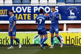 Richie Bennett of Hartlepool United  celebrates after putting his side 2-0 up during the Vanarama National League match between Hartlepool United and Notts County at Victoria Park, Hartlepool on Saturday 10th April 2021. (Credit: Chris Booth | MI News)