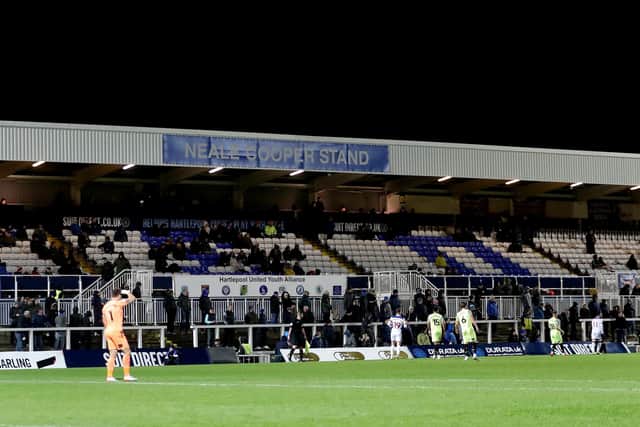 An almost empty Millhouse Stand with five minutes to go during the League Two match between Hartlepool United and Stockport County. (Credit: Mark Fletcher | MI News)
