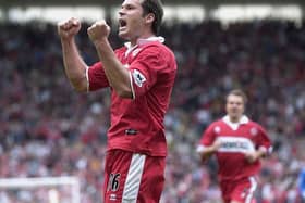 Mark Viduka celebrates scoring for Middlesbrough against Birmingham City in 2004.