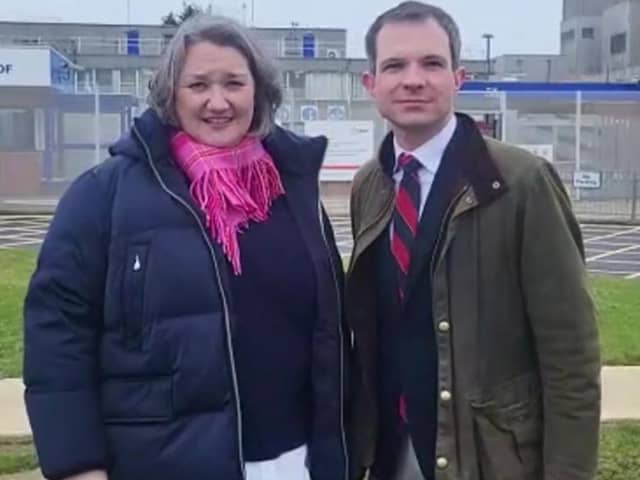 Hartlepool MP Jill Mortimer and Energy minister Andrew Bowie during a visit to Hartlepool Power Station in March 2023.