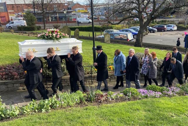 Brenda Loynes' coffin is carried by family members into All Saints Church Stranton. Picture by FRANK REID