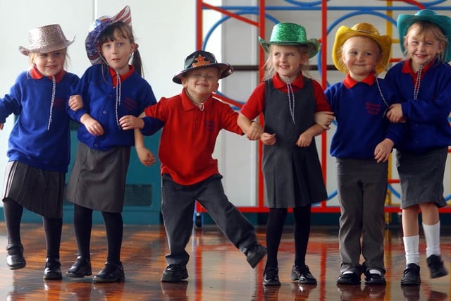 Pupils take part in a line dancing song and dance routine in 2003. From left, Aimee Horsely, Chloe Boddy, Kieren Malton, Georgia Allen, Tegan Bratton and Ellie Pearson.