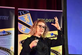 Professor Danielle George MBE speaking at the The High Tunstall College of Science STEM Lecture in the Borough Hall. Picture by FRANK REID