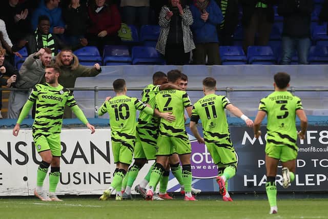 Forest Green's Jamille Matt celebrates with his team mates after scoring their first goal during the Sky Bet League 2 match between Hartlepool United and Forest Green Rovers at Victoria Park, Hartlepool on Saturday 20th November 2021. (Credit: Mark Fletcher | MI News)