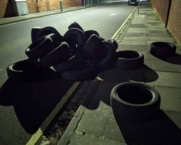 Tyres dumped in Beachfield Drive. Pic Via Gordon Cranney.