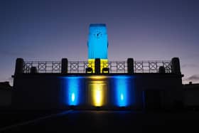 The Clock Tower at Seaton Carew lit up in solidarity for Ukraine. Picture by FRANK REID
