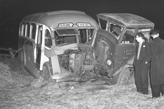 Pictured is a crash between a lorry and a bus on the outskirts of Hartlepool back in the 1950s.