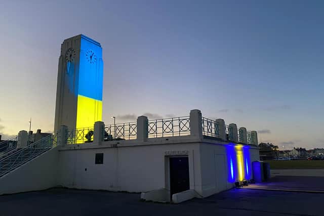 Another view of Tuesday evening's colourful show of support for Ukraine. Picture by FRANK REID