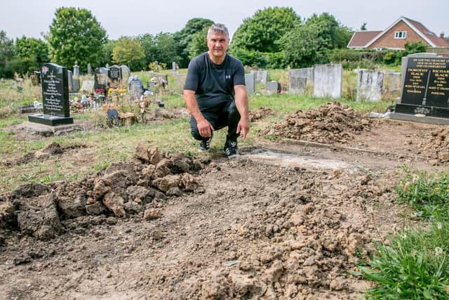 Thomas Bell's son Tom Bell at the plot in Holy Trinity Church, Wingate, where for 17 years the family believed he was buried. Pictures: North News and Pictures.