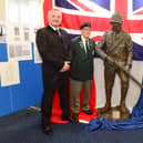 The new Ray Lonsdale Boer War statue on display on Saturday, with Stephen Close (left) who organised the funding for the project, and 1st Battalion Durham Light Infantry Veterans Brian Coward and Frank Peers (right).