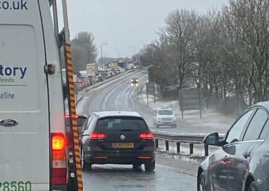 Traffic was left at a standstill Wolviston earlier today as the bad weather hit the region. Picture by Frank Reid.