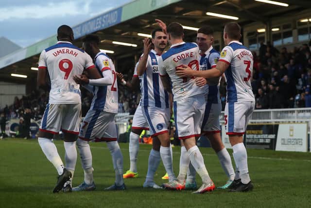 Hartlepool United celebrated their FA Cup second round win over Harrogate Town. (Credit: Mark Fletcher | MI News)