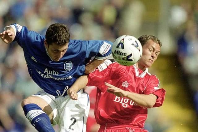 28 Aug 2000:  Nicky Eaden (left) of Birmingham City challenges Alex Neil of Barnsley during the Nationwide League Division One match at St Andrews in Birmingham, England.  Birmingham City won the match 4-1. \ Mandatory Credit: Ben Radford /Allsport