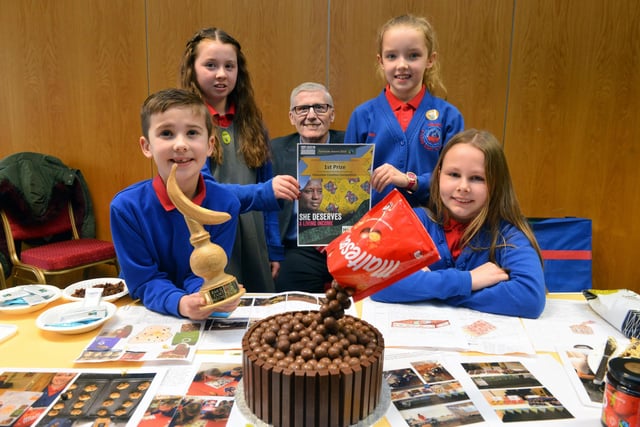 Throston's annual fairtrade chocolate competition winners, Oliver Harrison, Annalise Frater, Neve Watson and Sadie Jukes with deputy mayor, Rob Cooke.