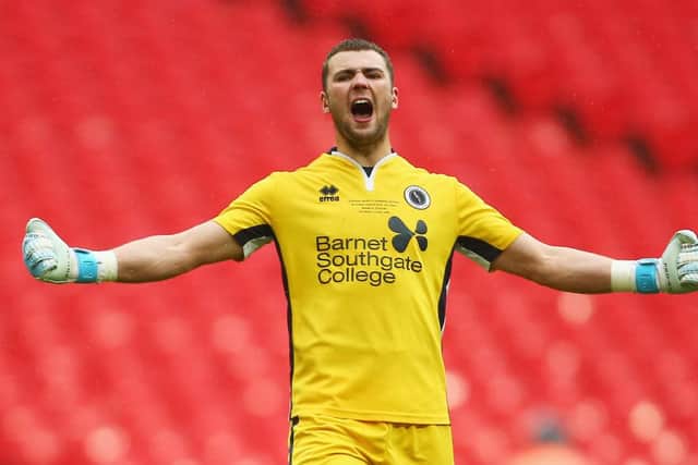 Grant Smith celebrating during the 2018 National League play-off final between Boreham Wood and Tranmere Rovers (Photo by Jordan Mansfield/Getty Images)