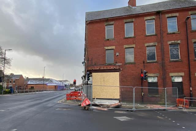 The scene of the damage following the collapse of the former Northern Textiles shop.
