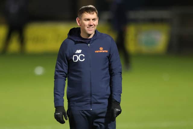 Hartlepool manager, Dave Challinor during the Vanarama National League match between Hartlepool United and Altrincham at Victoria Park, Hartlepool on Tuesday 27th October 2020. (Credit: Mark Fletcher | MI News)