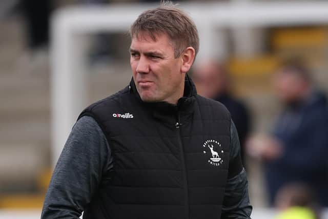 Hartlepool United manager Dave Challinor during the Sky Bet League 2 match between Hartlepool United and Harrogate Town at Victoria Park, Hartlepool on Sunday 24th October 2021. (Credit: Mark Fletcher | MI News)