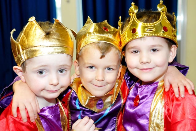 Ben Daley, Alfie Hall and Louie Martin dress up as the three kings in their 2014 nativity.